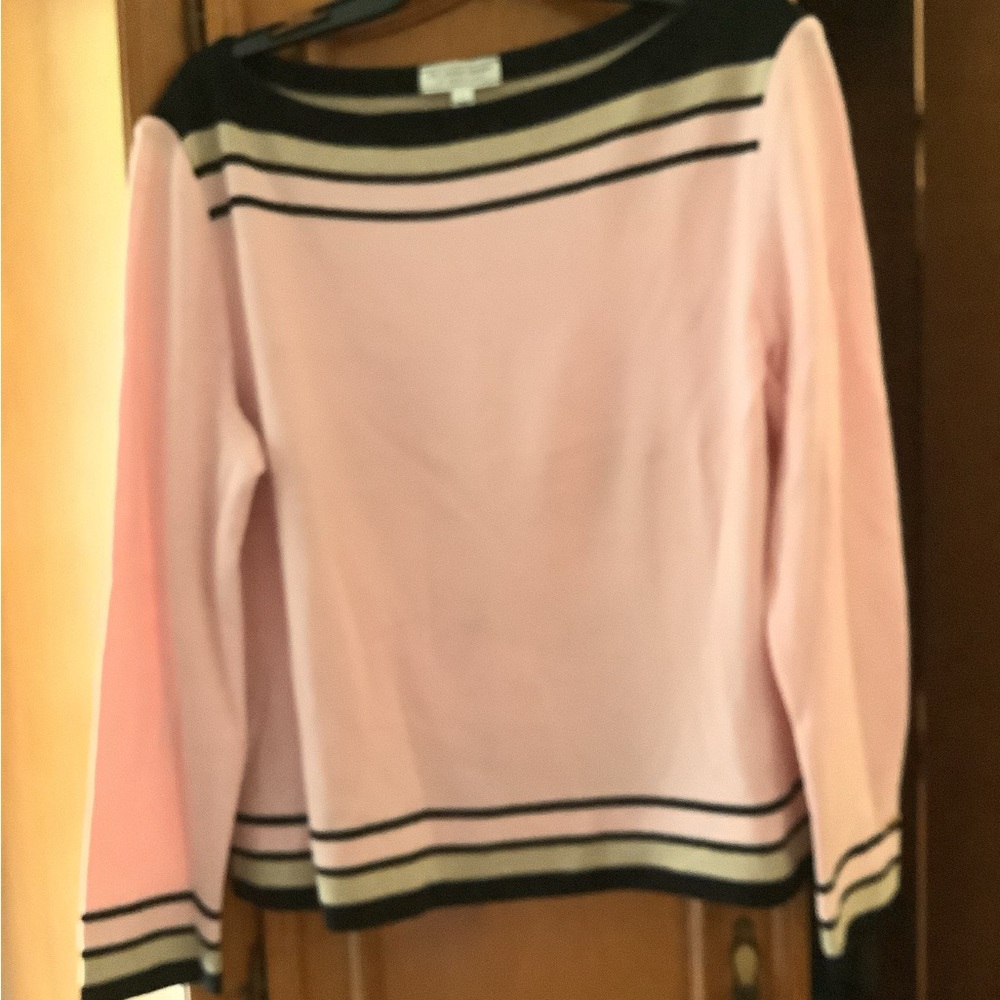 St. John Santana Knit Pink with Black and Beige Stripes Top